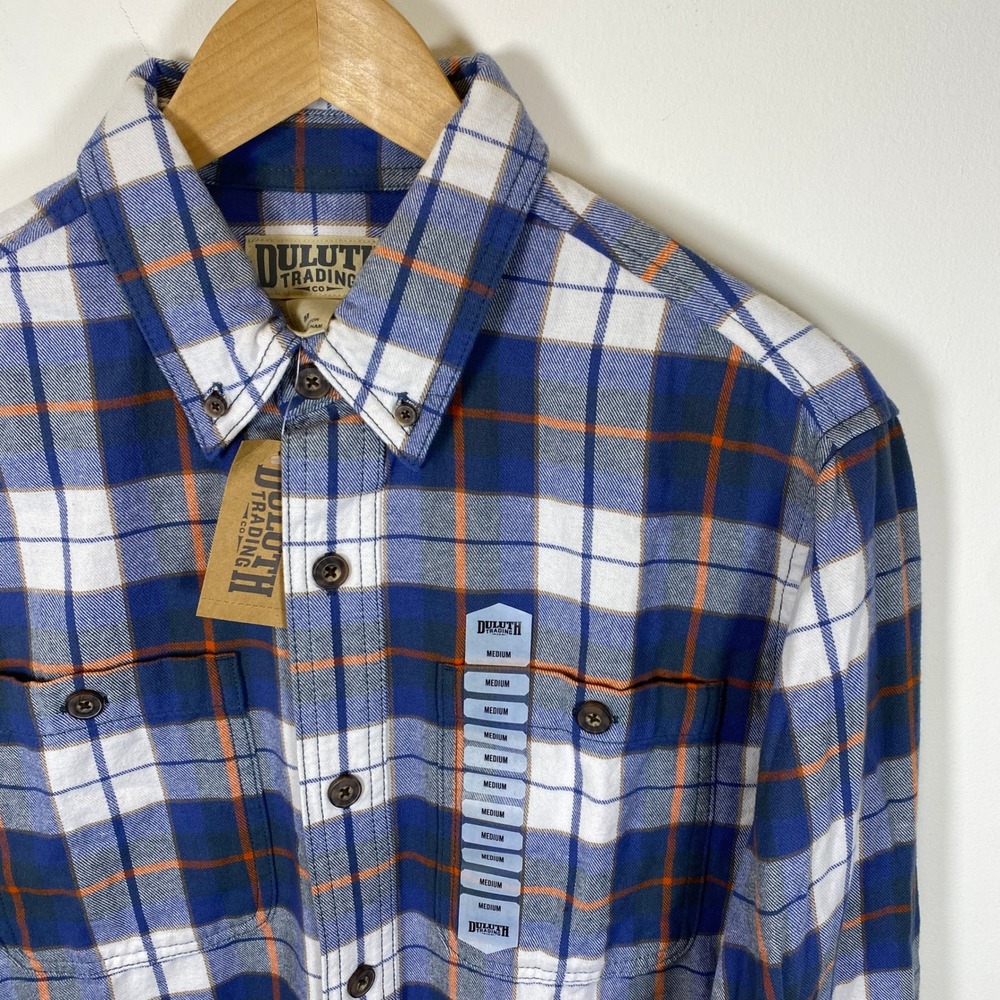 Duluth Trading Co Flannel Shirt Mens Medium Blue Plaid NWT Trim Fit Long Sleeve